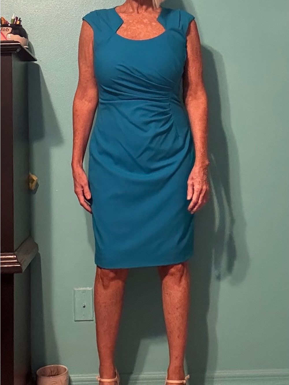 Calvin Klein Teal Sheath Dress with Notch Neckline